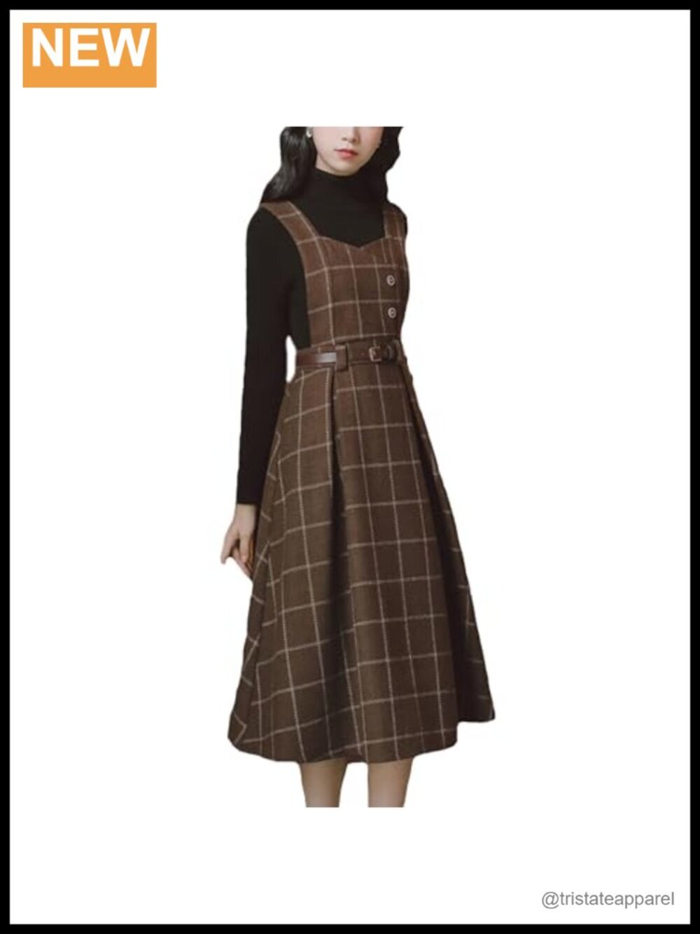 Wool Blend Sleeveless Plaid Belted Midi Pinafore Dress